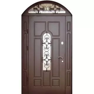 Арочная входная дверь со стеклопакетами и коваными решетками